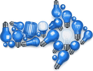 Create a kinds of deferent 3d render of blue billboard light bulb with arrow shape. vector art with white background..