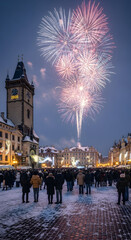 Watching Fireworks Display Over City Square on Winter Evening