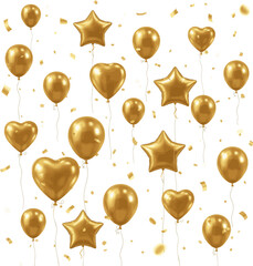  Create a kinds of deferent 3d render of golden balloons flying with confetti. vector art with white background. © al
