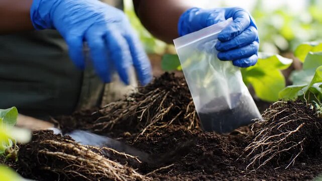 Soil sampling for scientific analysis in agricultural research.