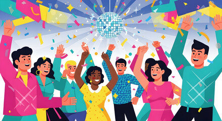 People Dancing at Party with Disco Ball and Confetti