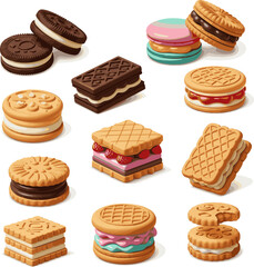 Create a kinds of deferent 3d render of sandwich cookie collection. vector art with white background..