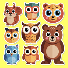 A collection of different cute, whimsical cartoon animal stickers on a single sheet. Include