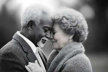 A loving senior couple shares a tender moment, their foreheads touching in a sweet embrace, showcasing timeless affection and enduring commitment.