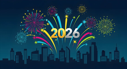 Celebrating 2026 City Skyline with Festive Fireworks Display