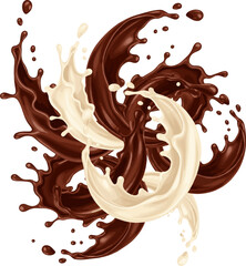Create a kinds of deferent chocolate splashed with chocolate bar vector art with white background.