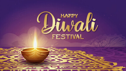 Happy diwali festival of lights greeting with a large glowing diya and ornate mandala pattern on a dark purple background, symbolizing joy and prosperity