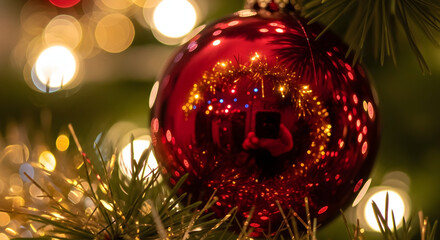 Hanging Red Christmas Ornament on a Tree with Soft Light