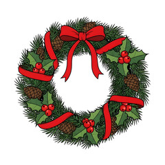 Holiday Wreath with Red Ribbon and Holly Decoration