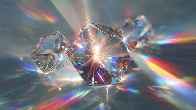 Magic prism with radiant light beam, shiny glasses and glowing diamond, colourful sparkle streak, lens flare and abstract optical effect, fantasy filter with iridescent overlay background 