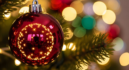 Decorating Tree with Ornament and Festive Lights
