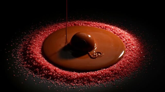 Chocolate candy with melted glaze surrounded by pink sprinkles