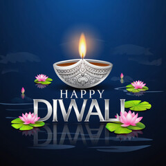 Photo of a glowing diya lamp with the text happy diwali on a blue background, surrounded by lotus flowers floating on water for the festival of lights