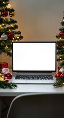 Christmas Desktop Computer Mockup with Blank Screen Surrounded by Festive Workspace Elements
