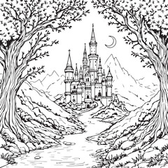 Fantasy castle in mountain landscape with trees, moon, and river path vector in black and white illustration