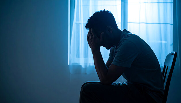 暗い青の背景で頭を抱える人物が深い思索と孤独感を表現する感情的な瞬間