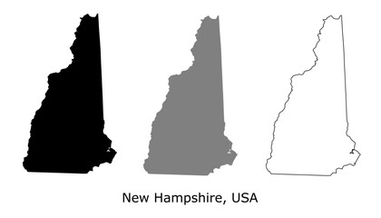 New Hampshire map set. New Hampshire USA map vector. New Hampshire silhouette, gray, and outline map