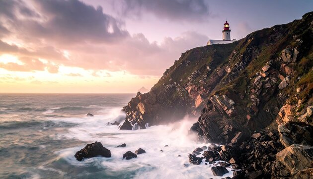 Lighthouse perched atop a rugged cliff overlooking a stormy ocean during a dramatic sunset with crashing waves and mist