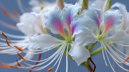 Delicate white flowers bloom showcasing soft pink and purple hues in their petals. Long stamens extend outward creating a tranquil and picturesque scene of natures beauty.