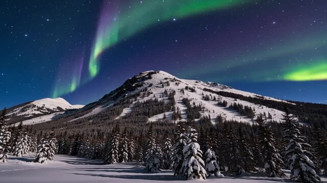 Majestic aurora borealis lighting up snow-covered mountain peaks.