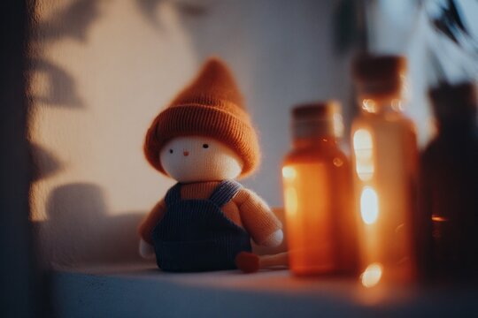 Softly lit scene featuring charming doll with an orange hat besi