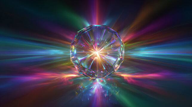 Magic prism with radiant light beam, shiny glasses and glowing diamond, colourful sparkle streak, lens flare and abstract optical effect, fantasy filter with iridescent overlay background 