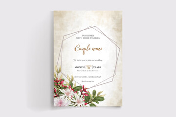 WEDDING INVITATION FRAME WITH FLOWER DECORATIONS AND FRESH LEAVES
