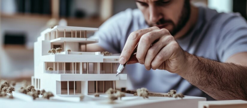 Architect meticulously works on a detailed model of a modern building