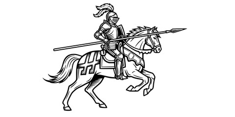 Knight Riding Horse with Spear Logo. Vintage Black & White Outline Line Art Drawing. Medieval, Heraldry, & Fantasy Emblem Vector.

