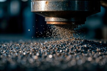 Machine head with metal particles in motion during surface treatment.