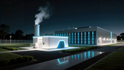 Industrial facility at night with steam stack and illuminated buildings. Space for text.