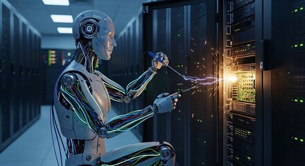 Cybernetic technician expertly repairing server hardware with sparks flying in modern data center environment