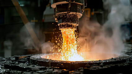Molten metal pouring into circular mold in industrial foundry.
