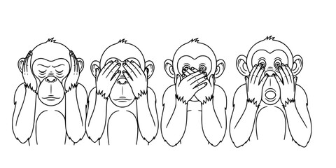 Four Monkeys Hear See Speak No Evil. Black & White Outline Line Art Drawing. Proverb, Wisdom, Japanese Culture, & Moral Lesson.

