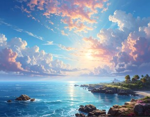 Ocean scene with a bright sun behind fluffy clouds