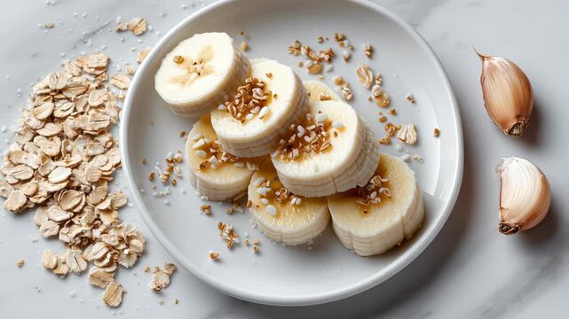 Sliced banana topped with oat seeds and honey on white plate with scattered garlic cloves on marble breakfast surface