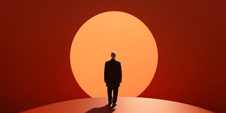 A figure in a suit walking towards a bright, circular opening on a stage with red walls. The scene creates a sense of mystery and ambition.