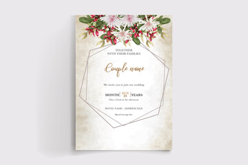 WEDDING INVITATION FRAME WITH FLOWER DECORATIONS AND FRESH LEAVES