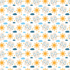 Flip flops sun and clouds seamless pattern for summer travel wallpapers and textiles