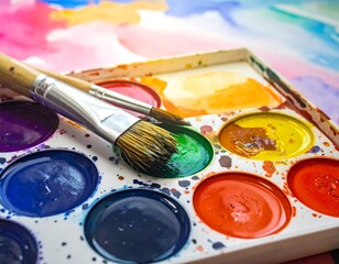 Obraz premium A close-up shows a watercolor palette with vibrant paints and two brushes. Splashes of color are seen on the paper in the background