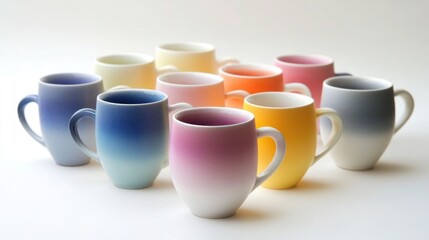 A Vibrant Assortment of Ombre Ceramic Mugs Arranged in a Softly Lit Still Life