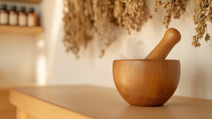 Wooden mortar and pestle with dried herbs, evoking natural remedies and wellness.