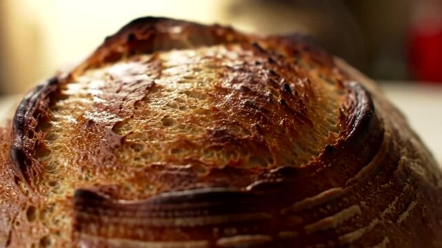 Close-up of a freshly baked artisanal loaf of bread with a crispy crust, highlighting texture