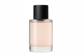 Perfume bottle featuring pink liquid and black cap on transparent background for beauty and fragrance concepts