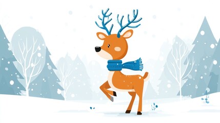 Fototapeta premium Cartoon deer with blue scarf, in winter snow scene, pines, illustration, cute