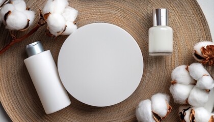 minimalist flat lay skincare mockup with cream jar serum bottle and cotton flowers