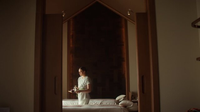 Spa therapist preparing a massage room in a high-end hotel spa. Shows minimalist architecture, warm wood tones, and a serene atmosphere - ideal for wellness, relaxation, and luxury spa experiences.