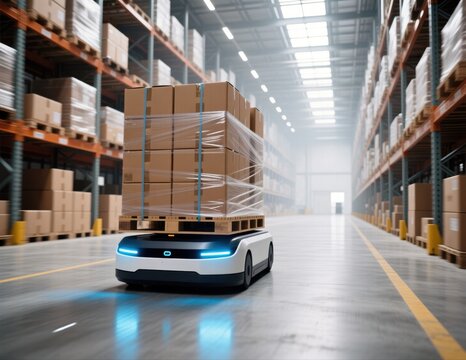 Autonomous mobile robot transporting pallet in warehouse.