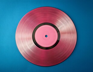 vintage vinyl disc colored pink placed on vibrant blue surface symbol of retro music style