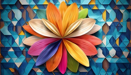 abstract colorful flower petals in round pattern on textured geometric background